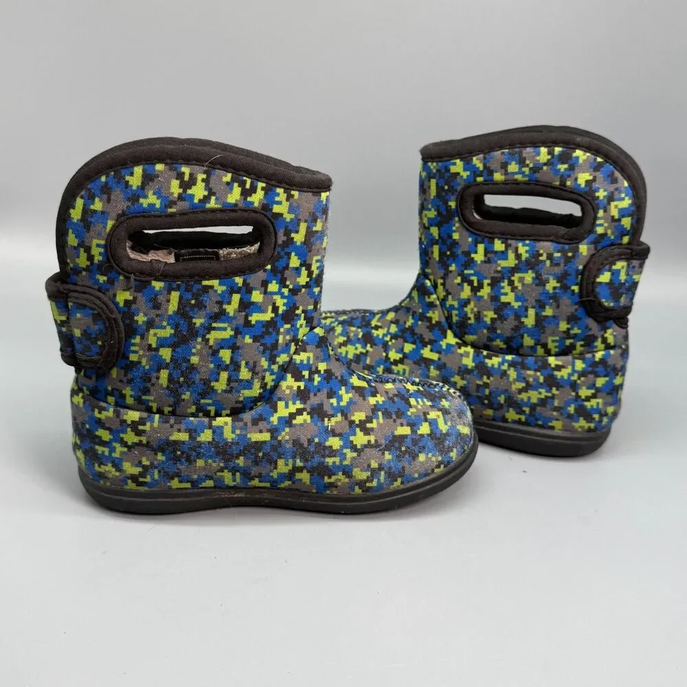 Bogs Baby Bogs II Digital Maze Kids 10 Blue Yellow Pull-On Waterproof Rain Boots